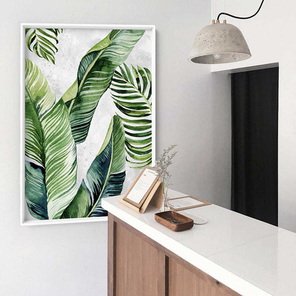 Tropical Palm & Banana Leaves Foliage in Watercolour I - Art Print, Poster, Stretched Canvas or Framed Wall Art Prints, shown framed in a room