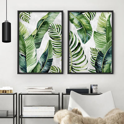 Tropical Palm & Banana Leaves Foliage in Watercolour I - Art Print, Poster, Stretched Canvas or Framed Wall Art, shown framed in a home interior space