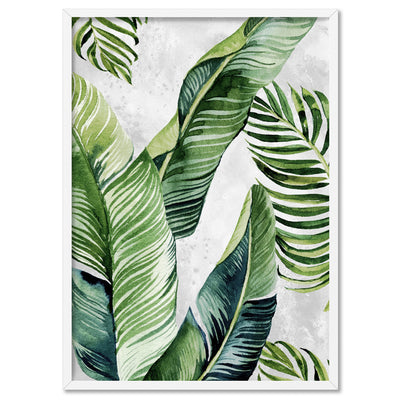 Tropical Palm & Banana Leaves Foliage in Watercolour I - Art Print, Poster, Stretched Canvas, or Framed Wall Art Print, shown in a white frame