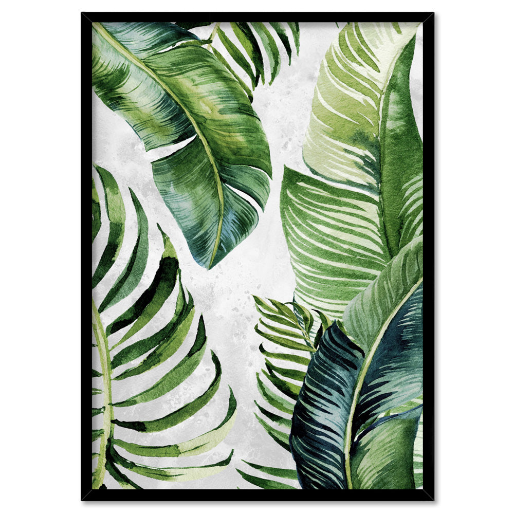 Tropical Palm & Banana Leaves Foliage in Watercolour II - Art Print, Poster, Stretched Canvas, or Framed Wall Art Print, shown in a black frame