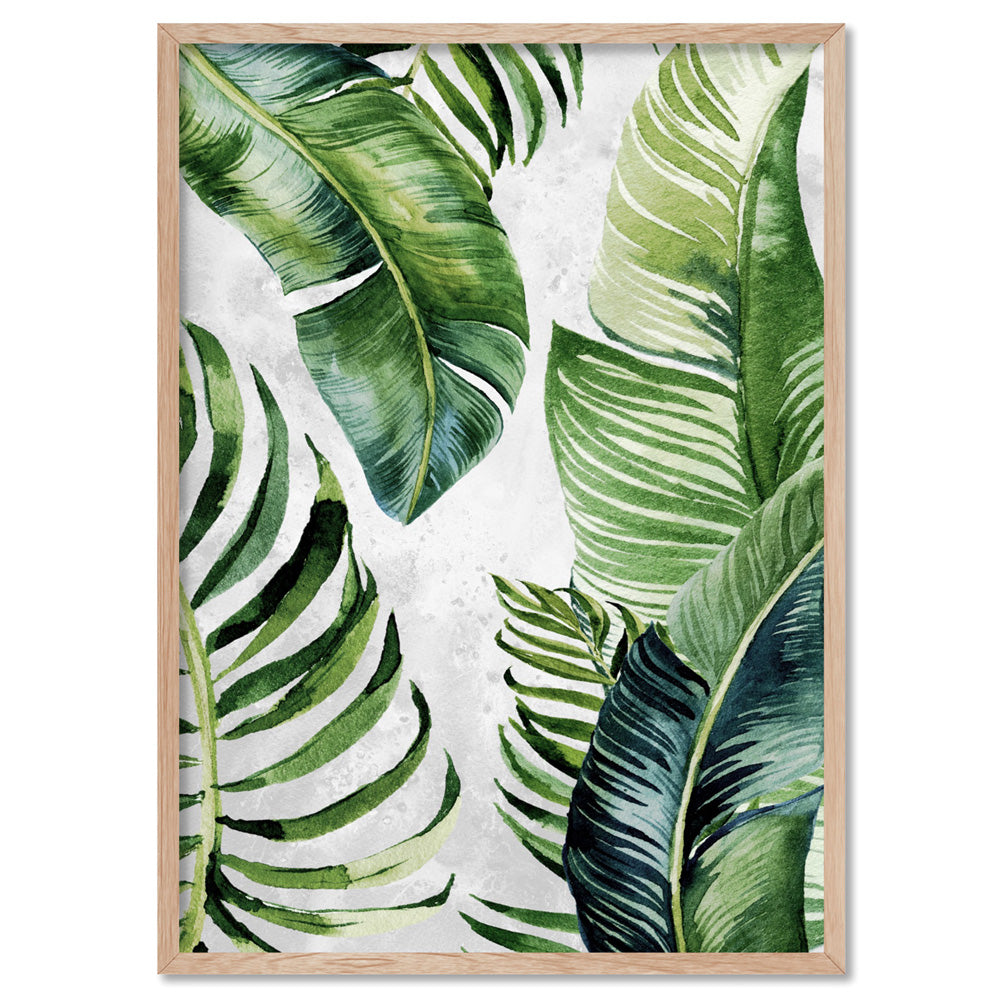 Tropical Palm & Banana Leaves Foliage in Watercolour II - Art Print, Poster, Stretched Canvas, or Framed Wall Art Print, shown in a natural timber frame