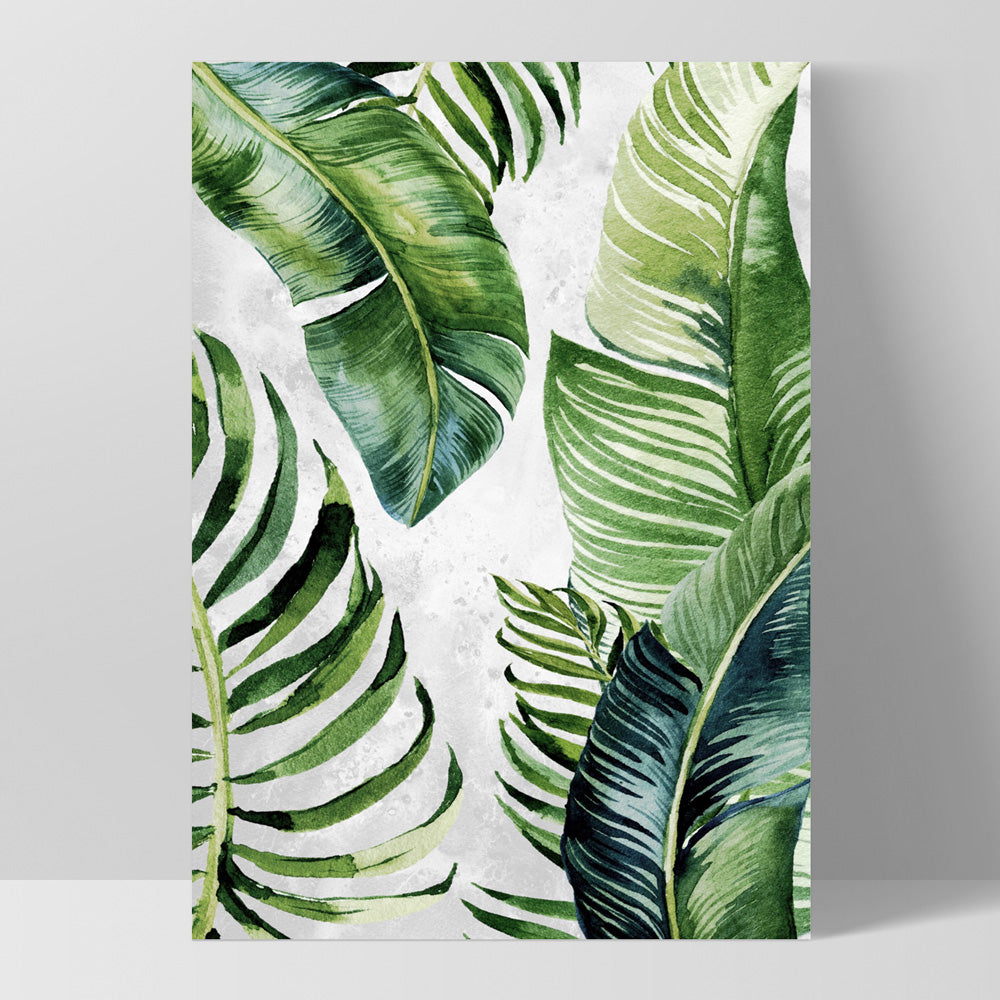 Tropical Palm & Banana Leaves Foliage in Watercolour II - Art Print, Poster, Stretched Canvas, or Framed Wall Art Print, shown as a stretched canvas or poster without a frame