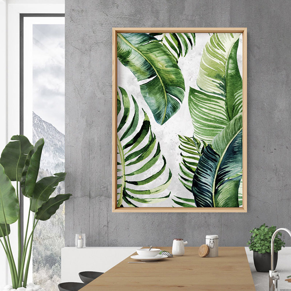 Tropical Palm & Banana Leaves Foliage in Watercolour II - Art Print, Poster, Stretched Canvas or Framed Wall Art Prints, shown framed in a room