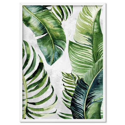 Tropical Palm & Banana Leaves Foliage in Watercolour II - Art Print, Poster, Stretched Canvas, or Framed Wall Art Print, shown in a white frame