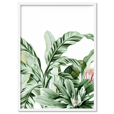 Tropical Sketched Rainforest Leaves & Foliage - Art Print, Poster, Stretched Canvas, or Framed Wall Art Print, shown in a white frame