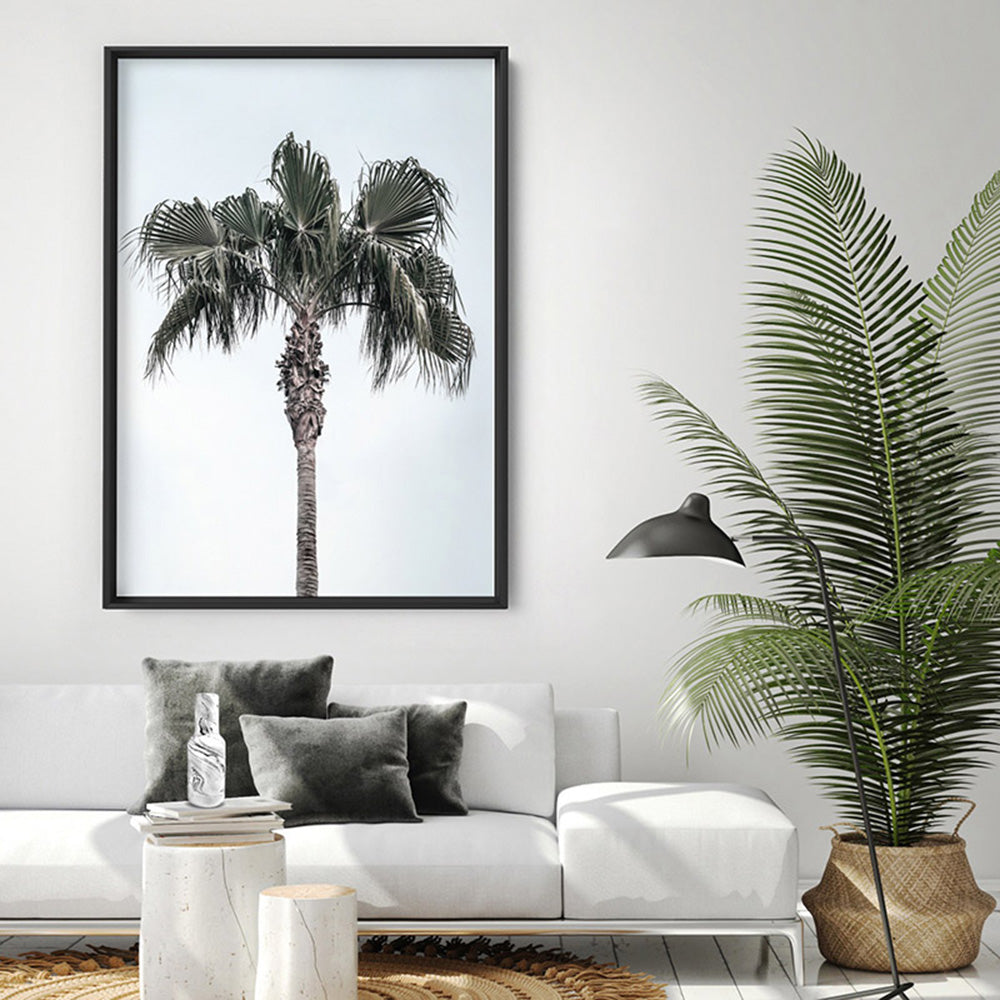 California Coastal Palm Tree Portrait - Art Print, Poster, Stretched Canvas or Framed Wall Art, shown framed in a room
