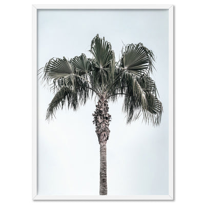 California Coastal Palm Tree Portrait - Art Print, Poster, Stretched Canvas, or Framed Wall Art Print, shown in a white frame