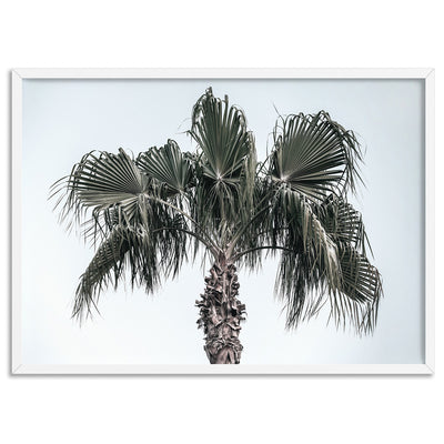 California Coastal Palm Tree Landscape - Art Print, Poster, Stretched Canvas, or Framed Wall Art Print, shown in a white frame
