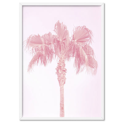Pink Coastal Palm Tree - Art Print, Poster, Stretched Canvas, or Framed Wall Art Print, shown in a white frame