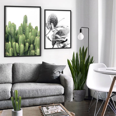 Cactus Towers / African Milk Tree - Art Print, Poster, Stretched Canvas or Framed Wall Art, shown framed in a home interior space