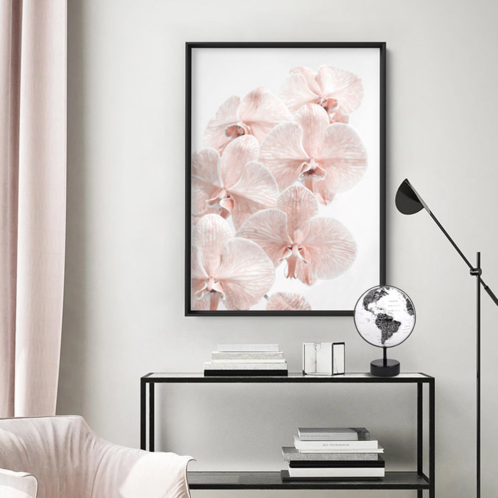 Blushing Orchid Blooms I - Art Print, Poster, Stretched Canvas or Framed Wall Art, shown framed in a room
