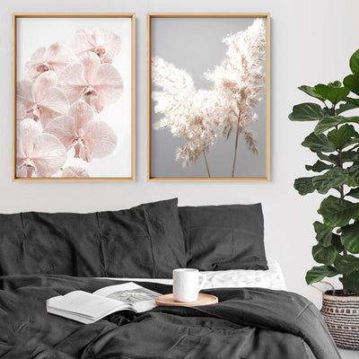 Blushing Orchid Blooms I - Art Print, Poster, Stretched Canvas or Framed Wall Art, shown framed in a home interior space