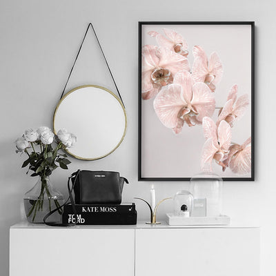 Blushing Orchid Blooms II - Art Print, Poster, Stretched Canvas or Framed Wall Art, shown framed in a room