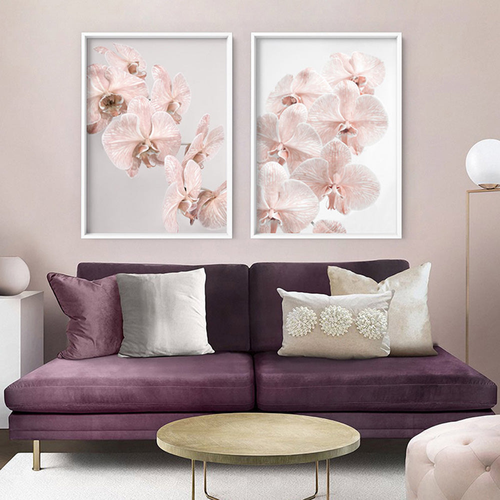 Blushing Orchid Blooms II - Art Print, Poster, Stretched Canvas or Framed Wall Art, shown framed in a home interior space