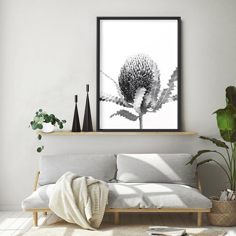 Banksia Flower Black and White - Art Print, Poster, Stretched Canvas or Framed Wall Art, shown framed in a room