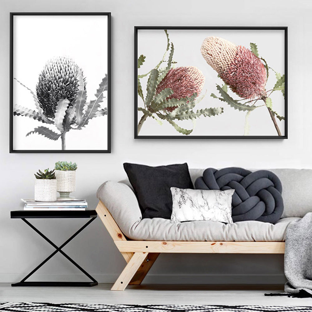 Banksia Flower Black and White - Art Print, Poster, Stretched Canvas or Framed Wall Art, shown framed in a home interior space