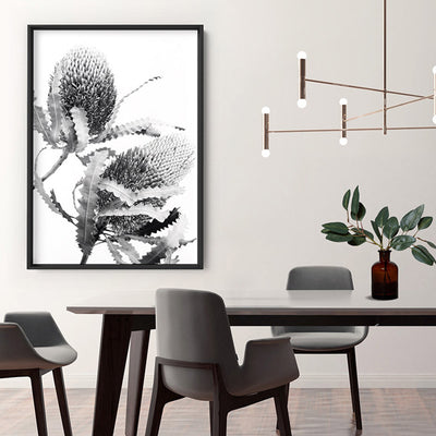 Banksia Flower Duo Black and White - Art Print, Poster, Stretched Canvas or Framed Wall Art, shown framed in a room