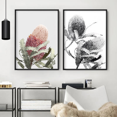 Banksia Flower Duo Black and White - Art Print, Poster, Stretched Canvas or Framed Wall Art, shown framed in a home interior space