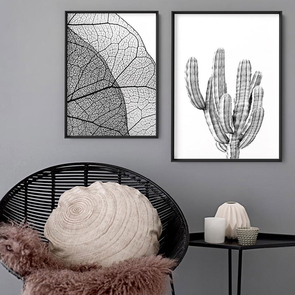Monochrome Cacti - Art Print, Poster, Stretched Canvas or Framed Wall Art, shown framed in a home interior space