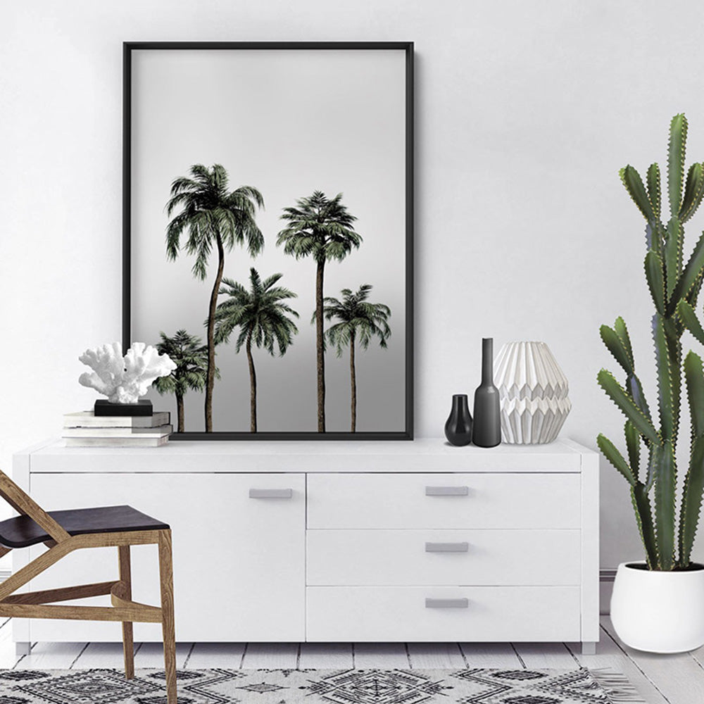 Miami Palms in Monotones - Art Print, Poster, Stretched Canvas or Framed Wall Art, shown framed in a room