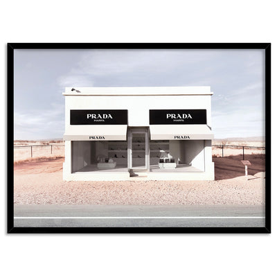 Marfa Store Texas in Blush - Art Print, Poster, Stretched Canvas, or Framed Wall Art Print, shown in a black frame