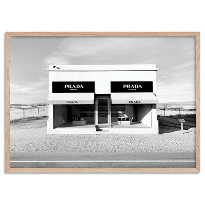 Marfa Store Texas in B&W - Art Print, Poster, Stretched Canvas, or Framed Wall Art Print, shown in a natural timber frame