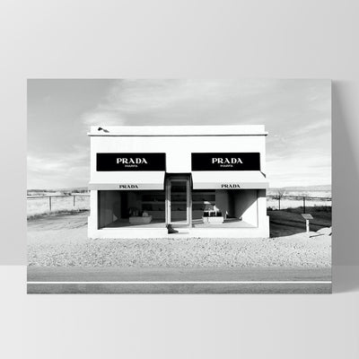 Marfa Store Texas in B&W - Art Print, Poster, Stretched Canvas, or Framed Wall Art Print, shown as a stretched canvas or poster without a frame