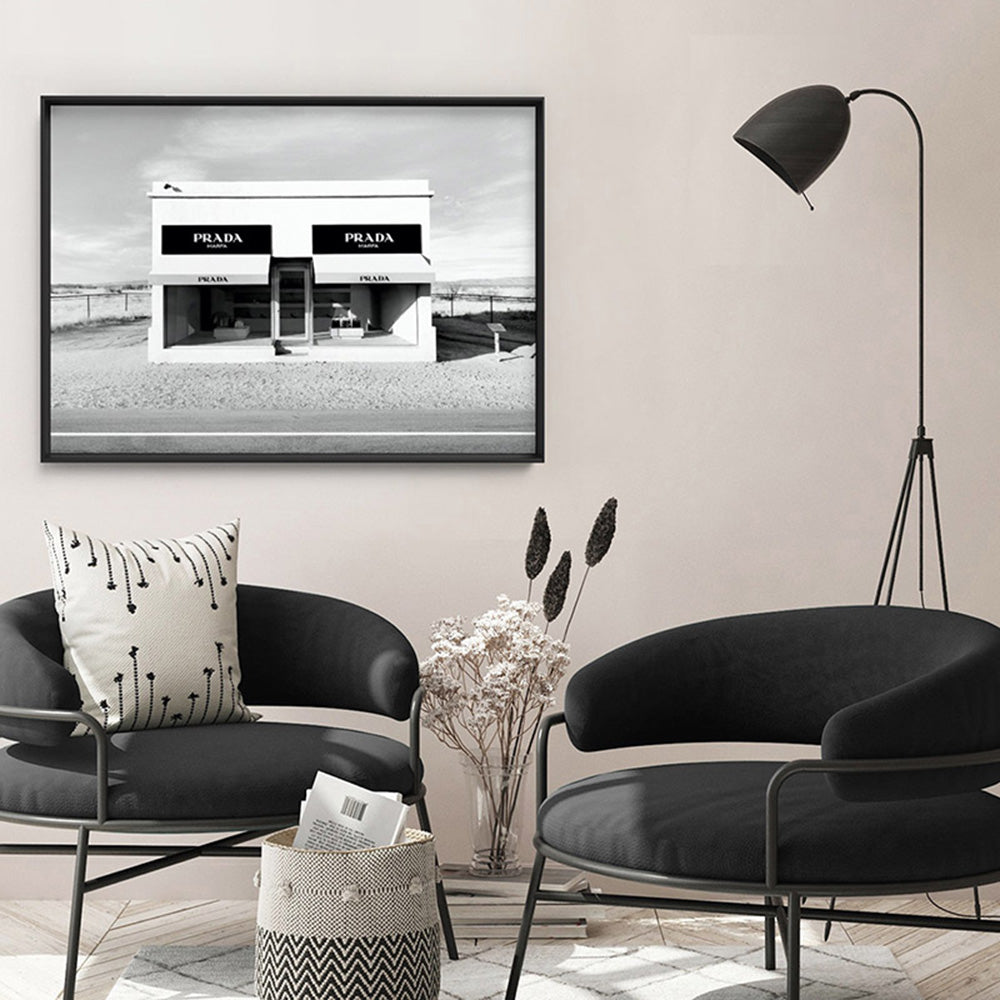 Marfa Store Texas in B&W - Art Print, Poster, Stretched Canvas or Framed Wall Art, shown framed in a room