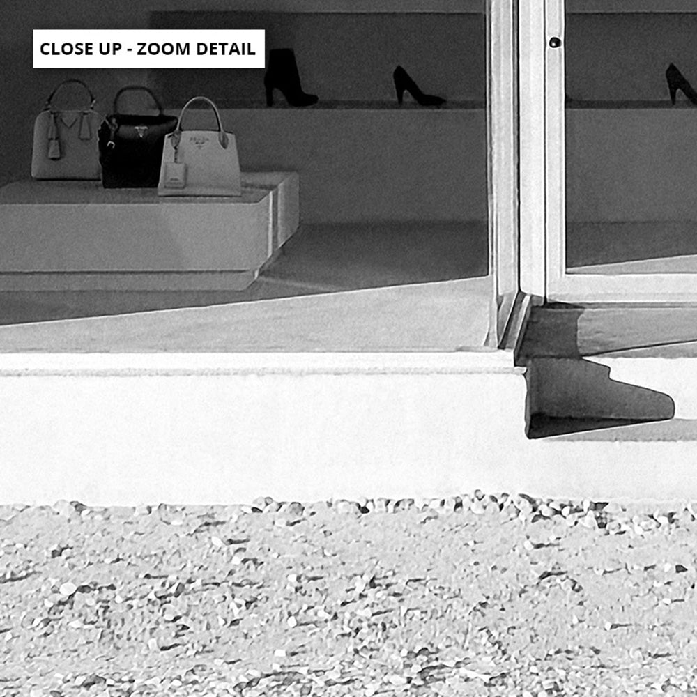 Marfa Store Texas in B&W - Art Print, Poster, Stretched Canvas or Framed Wall Art, shown framed in a home interior space
