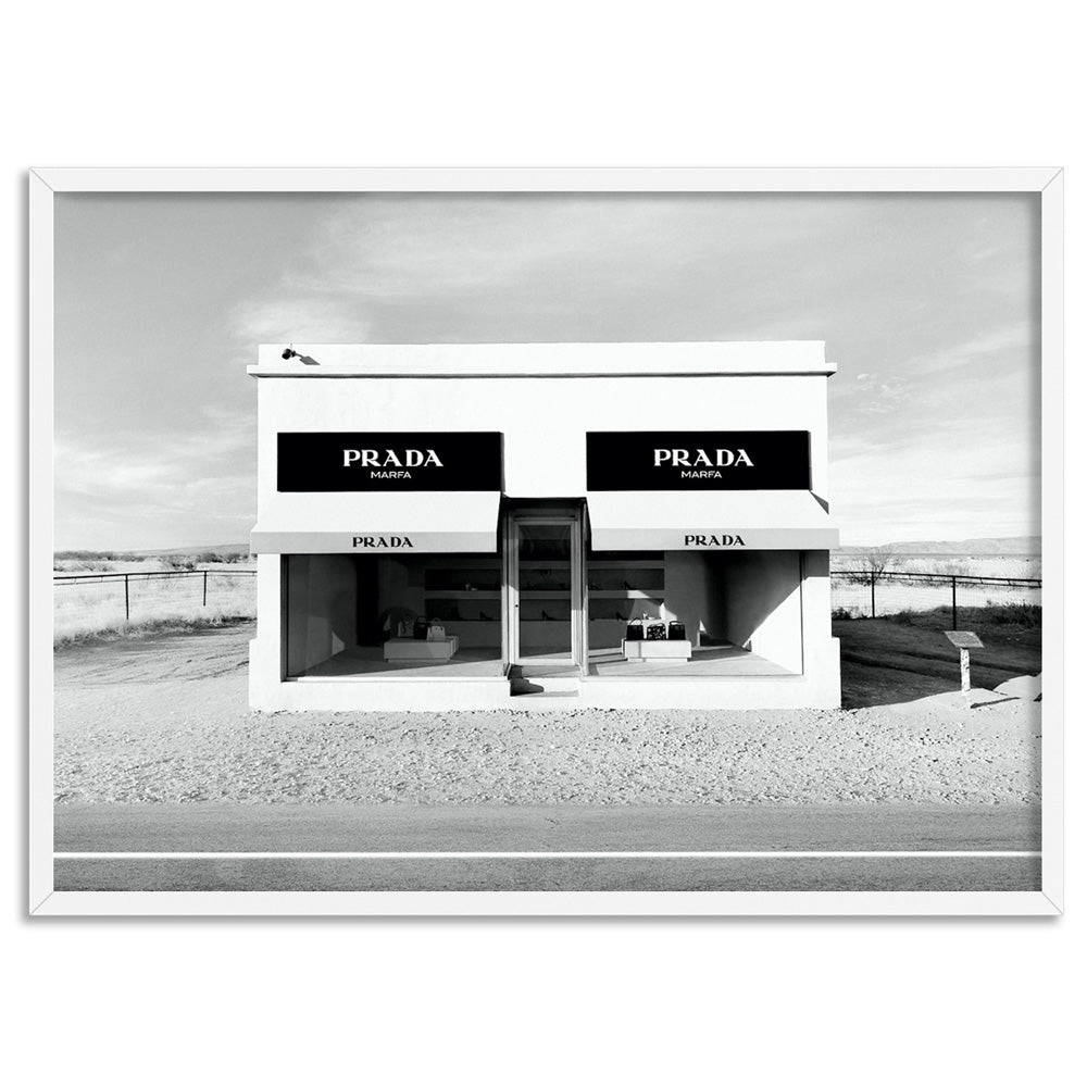 Marfa Store Texas in B&W - Art Print, Poster, Stretched Canvas, or Framed Wall Art Print, shown in a white frame