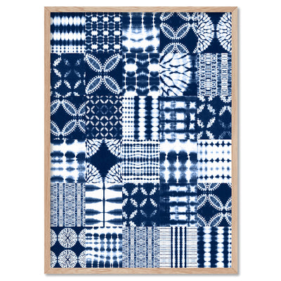 Shibori Indigo Tie Dye Patchwork - Art Print, Poster, Stretched Canvas, or Framed Wall Art Print, shown in a natural timber frame