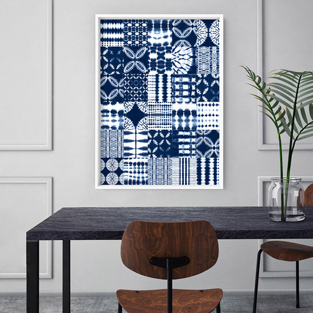 Shibori Indigo Tie Dye Patchwork - Art Print, Poster, Stretched Canvas or Framed Wall Art, shown framed in a home interior space