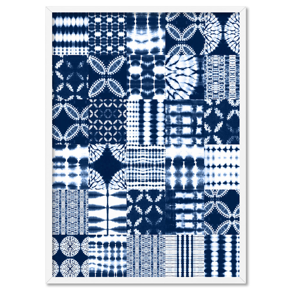 Shibori Indigo Tie Dye Patchwork - Art Print, Poster, Stretched Canvas, or Framed Wall Art Print, shown in a white frame