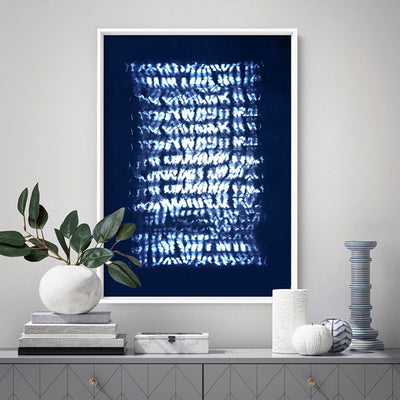 Shibori Indigo Tie Dye IV - Art Print, Poster, Stretched Canvas or Framed Wall Art, shown framed in a room