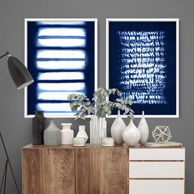 Shibori Indigo Tie Dye IV - Art Print, Poster, Stretched Canvas or Framed Wall Art, shown framed in a home interior space