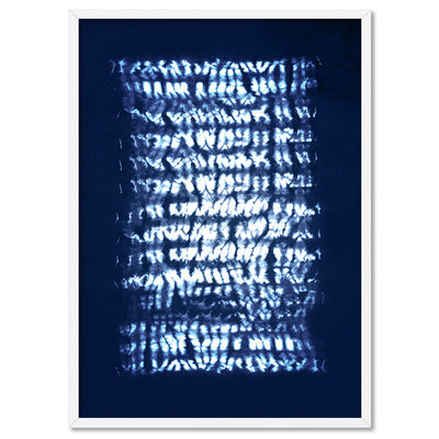 Shibori Indigo Tie Dye IV - Art Print, Poster, Stretched Canvas, or Framed Wall Art Print, shown in a white frame