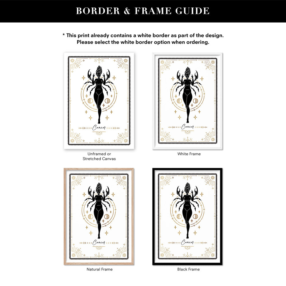 Cancer Star Sign | Tarot Card Style (faux look foil) - Art Print, Poster, Stretched Canvas or Framed Wall Art, Showing White , Black, Natural Frame Colours, No Frame (Unframed) or Stretched Canvas, and With or Without White Borders