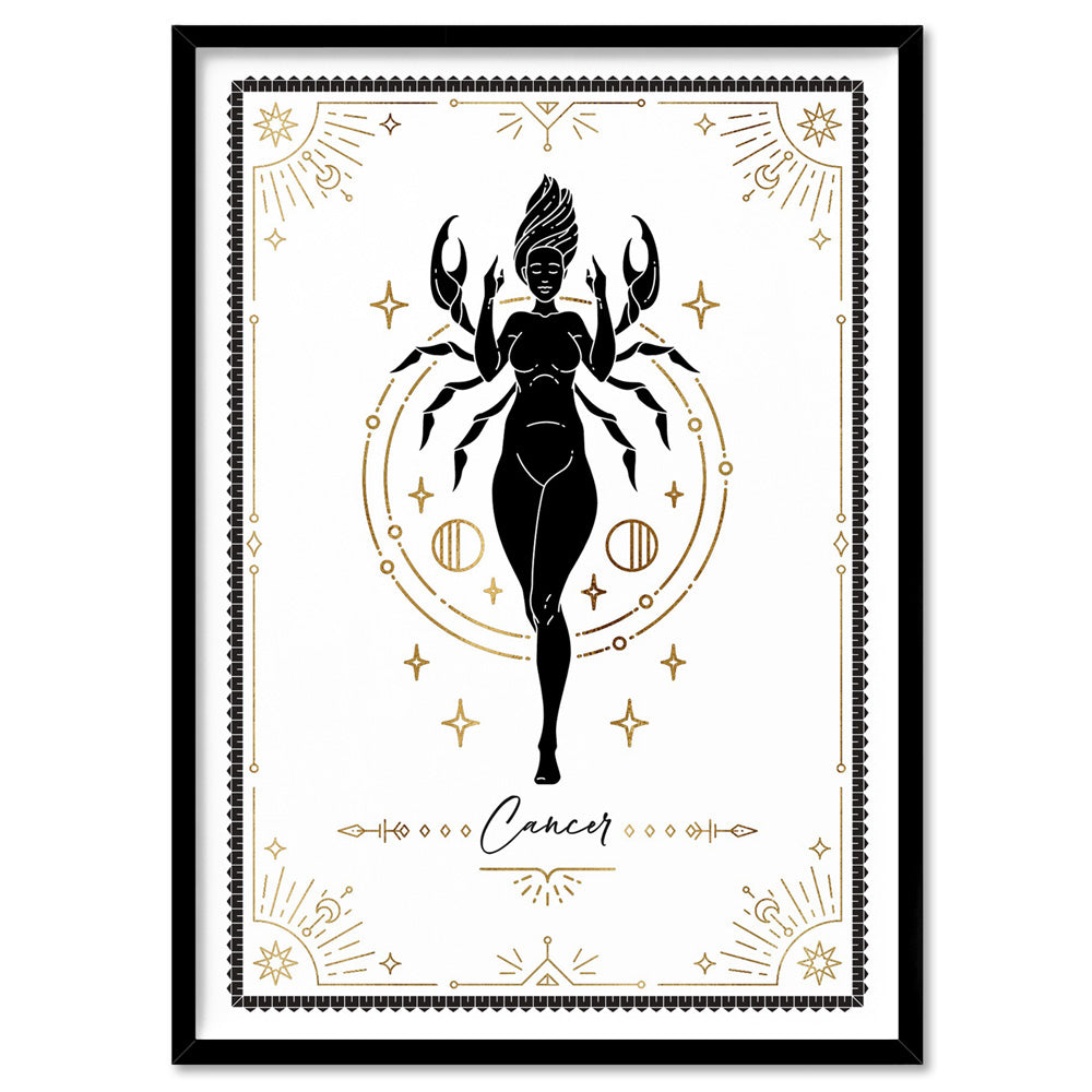 Cancer Star Sign | Tarot Card Style (faux look foil) - Art Print, Poster, Stretched Canvas, or Framed Wall Art Print, shown in a black frame