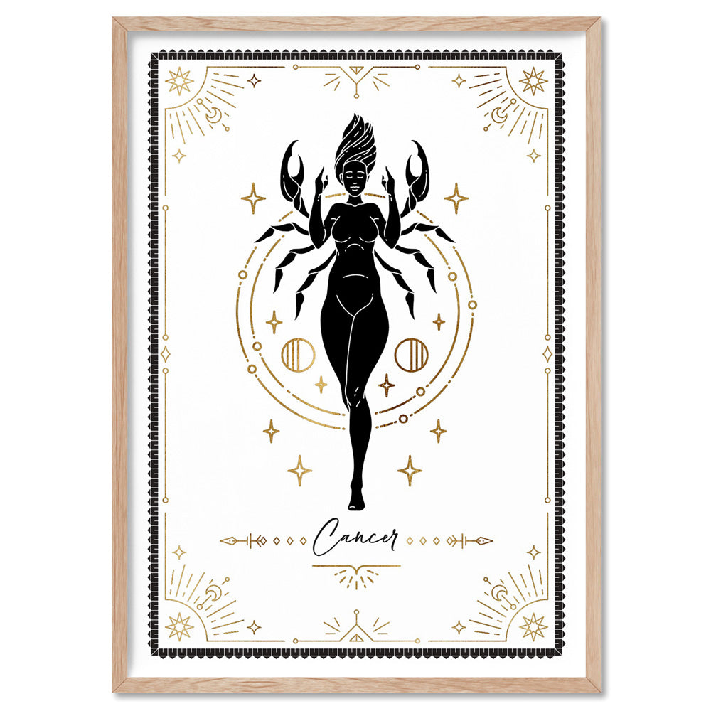 Cancer Star Sign | Tarot Card Style (faux look foil) - Art Print, Poster, Stretched Canvas, or Framed Wall Art Print, shown in a natural timber frame