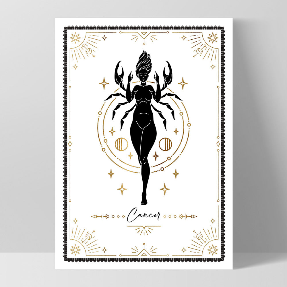 Cancer Star Sign | Tarot Card Style (faux look foil) - Art Print, Poster, Stretched Canvas, or Framed Wall Art Print, shown as a stretched canvas or poster without a frame