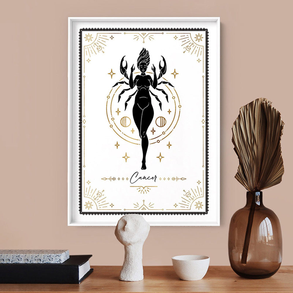 Cancer Star Sign | Tarot Card Style (faux look foil) - Art Print, Poster, Stretched Canvas or Framed Wall Art Prints, shown framed in a room