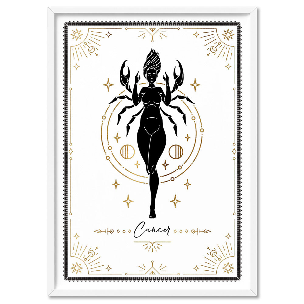 Cancer Star Sign | Tarot Card Style (faux look foil) - Art Print, Poster, Stretched Canvas, or Framed Wall Art Print, shown in a white frame