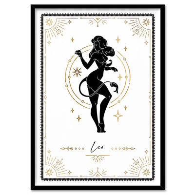 Leo Star Sign | Tarot Card Style (faux look foil) - Art Print, Poster, Stretched Canvas, or Framed Wall Art Print, shown in a black frame