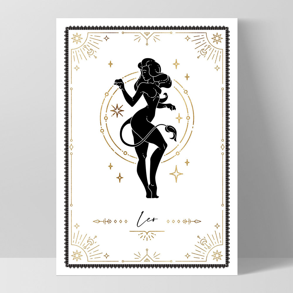 Leo Star Sign | Tarot Card Style (faux look foil) - Art Print, Poster, Stretched Canvas, or Framed Wall Art Print, shown as a stretched canvas or poster without a frame