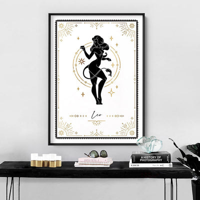 Leo Star Sign | Tarot Card Style (faux look foil) - Art Print, Poster, Stretched Canvas or Framed Wall Art, shown framed in a room