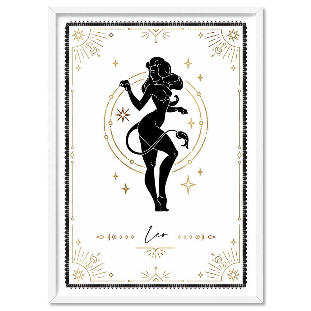 Leo Star Sign | Tarot Card Style (faux look foil) - Art Print, Poster, Stretched Canvas, or Framed Wall Art Print, shown in a white frame