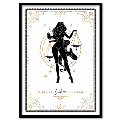 Libra Star Sign | Tarot Card Style (faux look foil) - Art Print, Poster, Stretched Canvas, or Framed Wall Art Print, shown in a black frame