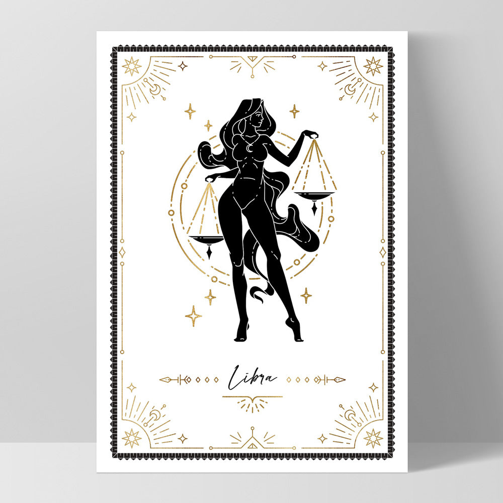 Libra Star Sign | Tarot Card Style (faux look foil) - Art Print, Poster, Stretched Canvas, or Framed Wall Art Print, shown as a stretched canvas or poster without a frame