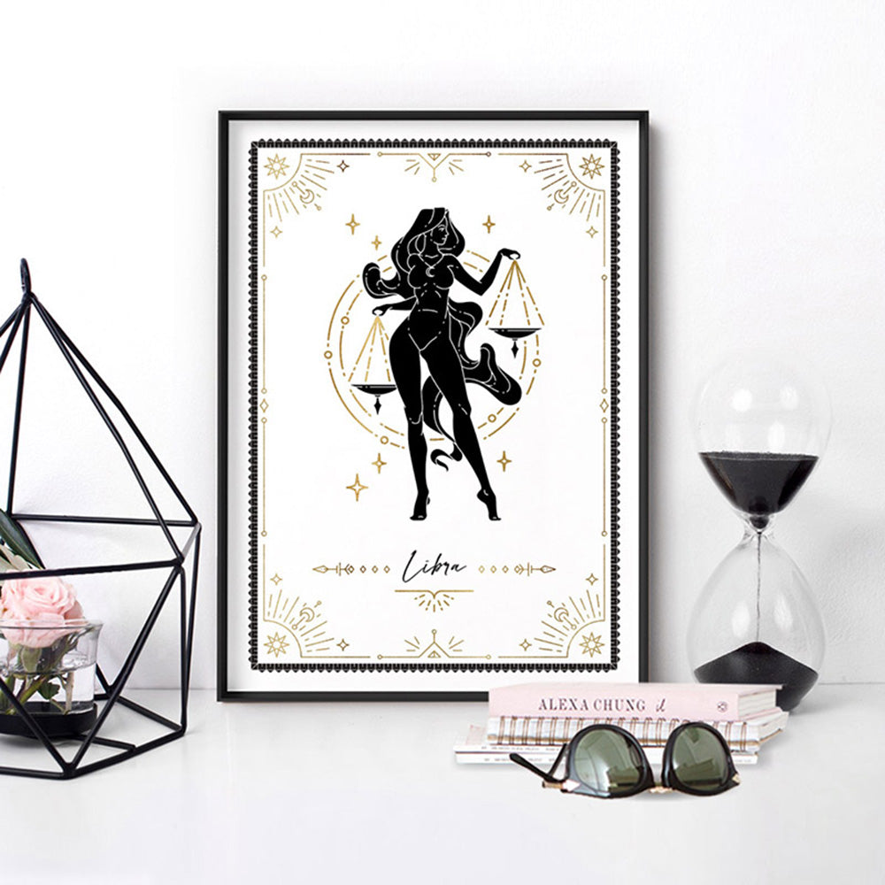 Libra Star Sign | Tarot Card Style (faux look foil) - Art Print, Poster, Stretched Canvas or Framed Wall Art, shown framed in a room