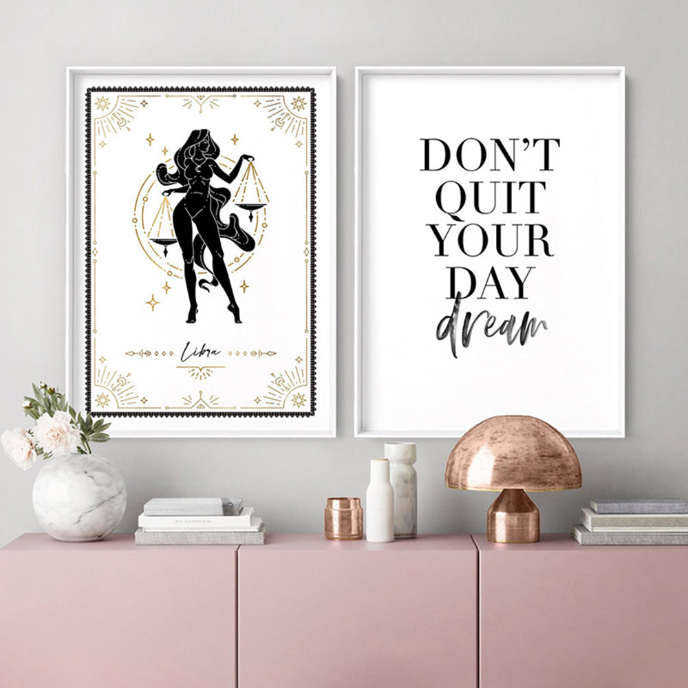 Libra Star Sign | Tarot Card Style (faux look foil) - Art Print, Poster, Stretched Canvas or Framed Wall Art, shown framed in a home interior space